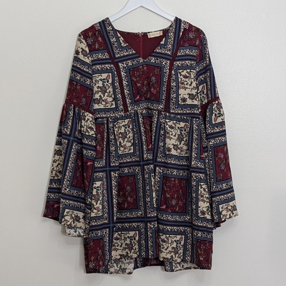 Altar'd State Boho Dress Large Patchwork Long Sleeve Burgundy